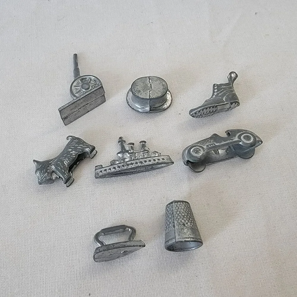 8pc Lot Set Vintage 1961 Monopoly Movers Tokens Pieces hat dog thimble iron ship